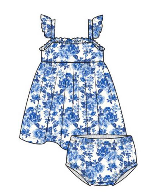 Roses in Blue Ruffle Top and Bloomer Set Girls
